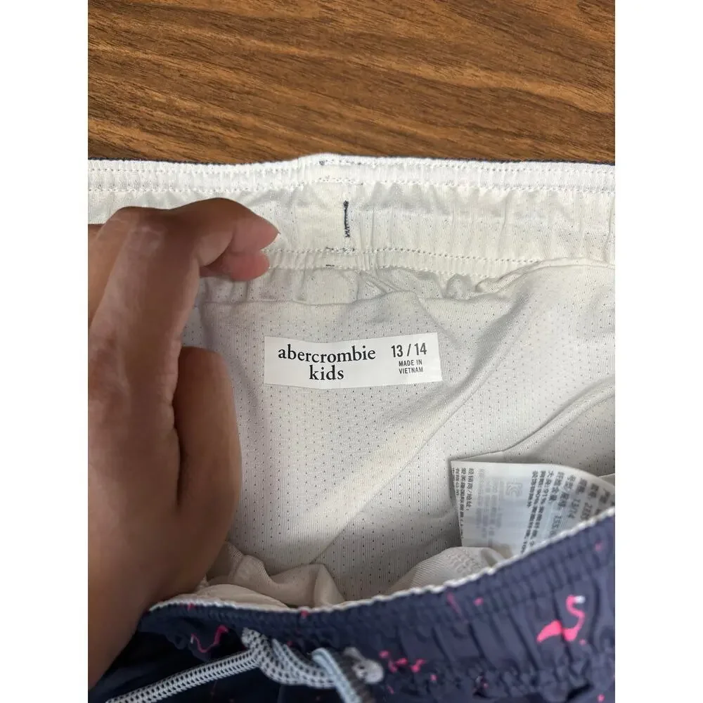 Abercrombie kids Boys Swim Trunks Size 13/14 Pink Flamingo Print Navy Pool